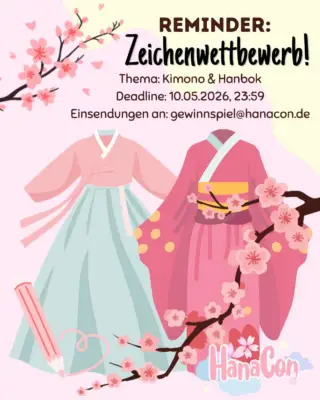 Erinnerung an unseren Zeichenwettbewerb - jetzt mit Preisen! ✨🌸 🪭 
Wir freuen uns euch in Koorperstion mit @xppen_de und @fabercastelldeutschland einen tollen Wettbewerb präsentieren zu dürfen. 🌸
Das Thema dieses Jahr - Tradition trifft Eleganz: Kimono & Hanbok
Ihr liebt detailreiche Stoffe, fließende Silhouetten und kulturelle Ästhetik? Egal ob klassischer Kimono, ein farbenfroher Hanbok oder eine moderne Interpretation mit eurem eigenen Stil! 
Schnappt eure Stifte und lasst Tradition in euren Werken lebendig werden! (⊃｡•́‿•̀｡)⊃ ✨
(ﾉ◕ヮ◕)ﾉ*:･ﾟ✧ 𝐖𝐢𝐞 𝐤ö𝐧𝐧𝐭 𝐢𝐡𝐫 𝐭𝐞𝐢𝐥𝐧𝐞𝐡𝐦𝐞𝐧?
🪭 zeichnet ein Bild (traditionell oder digital) zum Thema Kimono & Hanbok
🪭 Fanarts sowie eigene Charaktere (OCs) sind erlaubt
🪭 kein NSFW 
🪭 schickt eure fertige Zeichnung bis zum 10.05.2026, 23:59 Uhr an: gewinnspiel@hanacon.de zusammen mit euren Daten (Name, Alter, Adresse)
🪭 beachtet, dass KI-generierte Bilder nicht akzeptiert werden und zum sofortigen Ausschluss führen (´｡• ᵕ •｡`)
Zu gewinnen gibt es
1. Platz: 
1 x Deco 01 V3 
1 x Goldfaber Sketch Marker 
1 x Pitt Artist Pen Dual Markers Fashion
2. Platz: 
1 x Pitt Graphite Matt
1 x Multi Mark Acryl 
1 x Bold & Easy Goldfaber
1 x Albrecht Dürer Watercolour Markers
3. Platz: 
1 x Polychrome Colour Pencils
1 x Multi Mark Acryl
1 x Bold & Easy Goldfaber
(ﾉ◕ヮ◕)ﾉ*:･ﾟ✧ 𝐄𝐧𝐝𝐞 𝐝𝐞𝐬 𝐙𝐞𝐢𝐜𝐡𝐞𝐧𝐰𝐞𝐭𝐭𝐛𝐞𝐰𝐞𝐫𝐛𝐬
Der Zeichenwettbewerb endet am 10.05.2026 um 23:59. Die Gewinner werden bei der Eröffnungsfeier der HanaCon 2026 bekanntgegeben sowie per DM/Story informiert. Einsendungen nach dem Einsendeschluss können leider nicht mehr berücksichtigt werden ｡ﾟ(ﾟ´ω`ﾟ)ﾟ｡
Ihr wollt eure Zeichnungen mit der Community teilen? Dann nutzt doch #hanacon_couture um eure Kunst zu zeigen! 👘
Wir wünschen allen Teilnehmern viel Erfolg 🍀✨
⸻
• Instagram steht mit diesem Gewinn in keinerlei Verbindung
• Keine Barauszahlung möglich
• Teilnahme nur aus Deutschland möglich
#hanacon2026 #zeichenwettbewerb #japan #korea